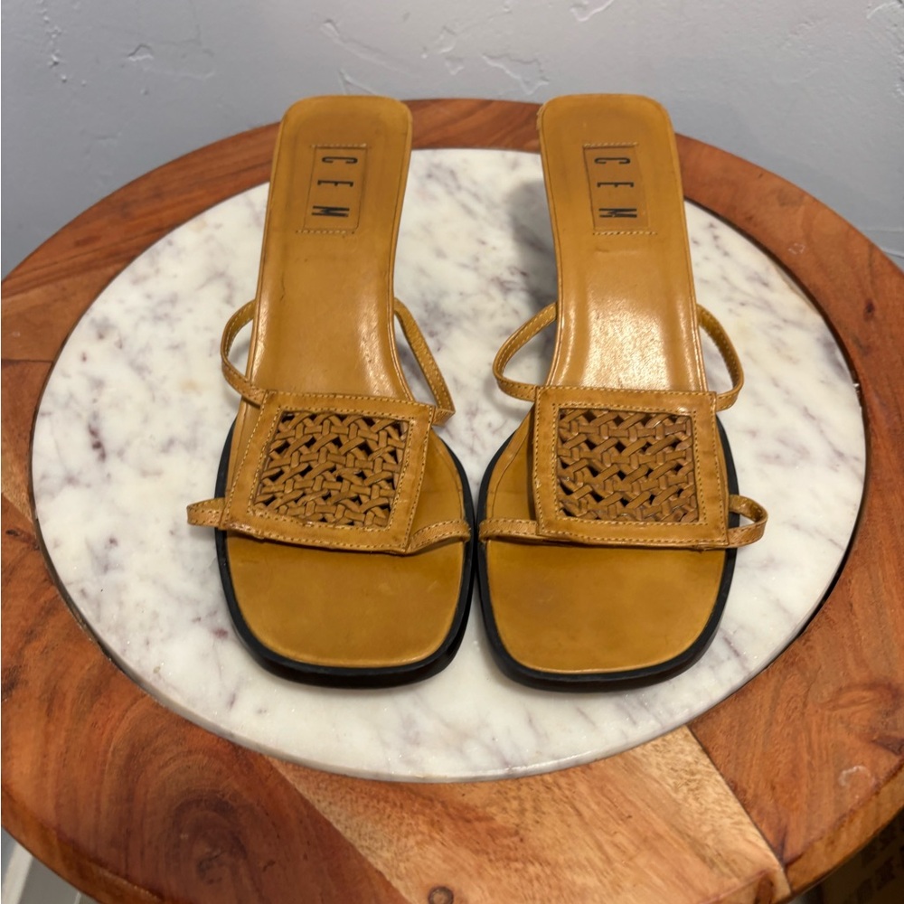 Yellow-Brown Leather Slide Sandals